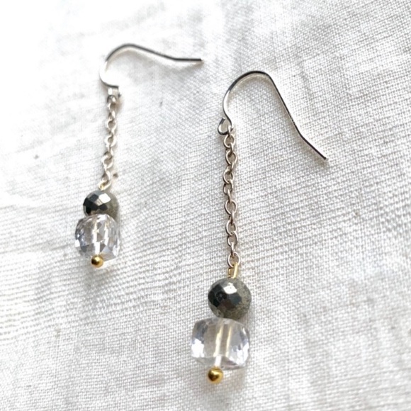 Pyrite & Quartz Stone Earrings w Sterling - Picture 3 of 4